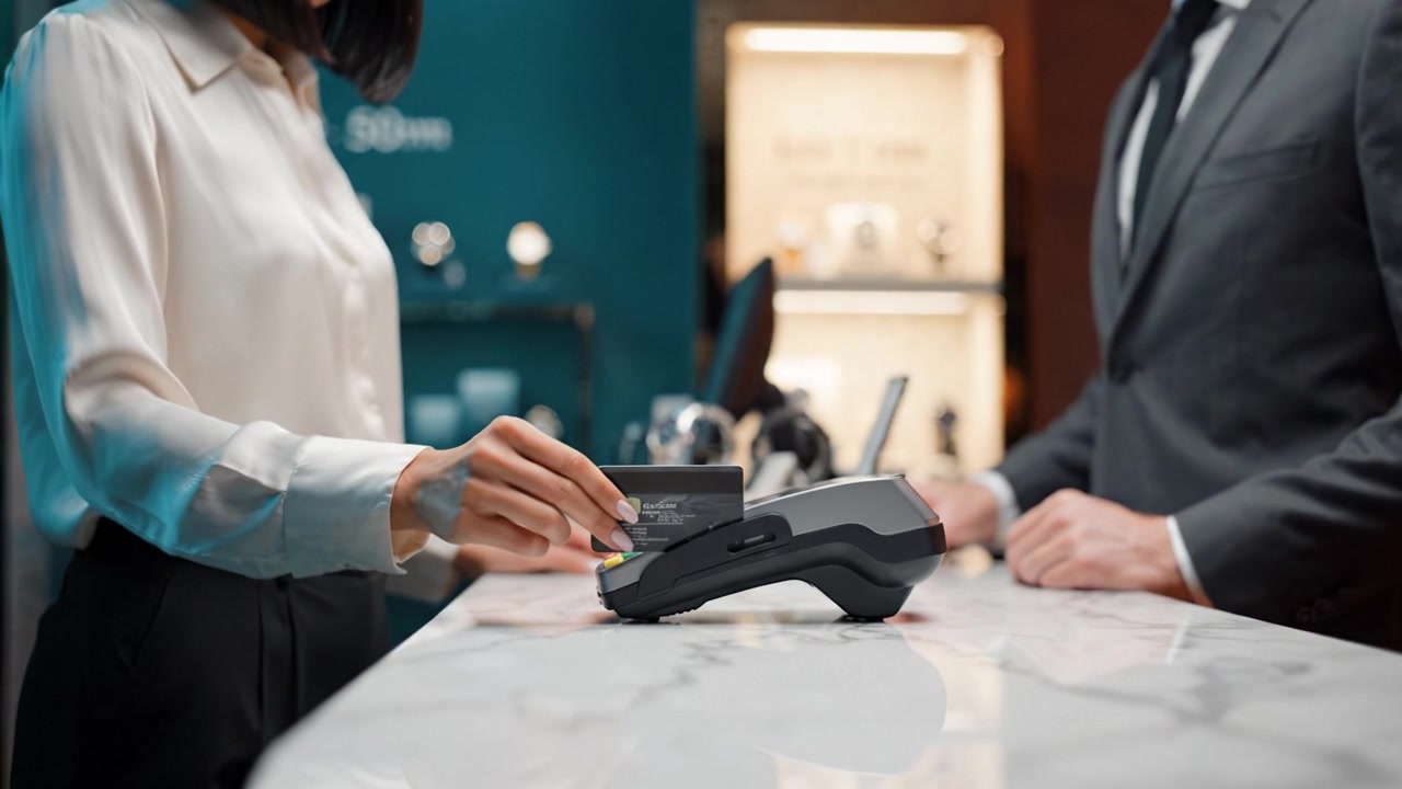 Uma mulher realizando uma transação de pagamento em uma loja de varejo luxuosa com um terminal de pagamento com cartão, acompanhada por um membro da equipe masculino bem-vestido.