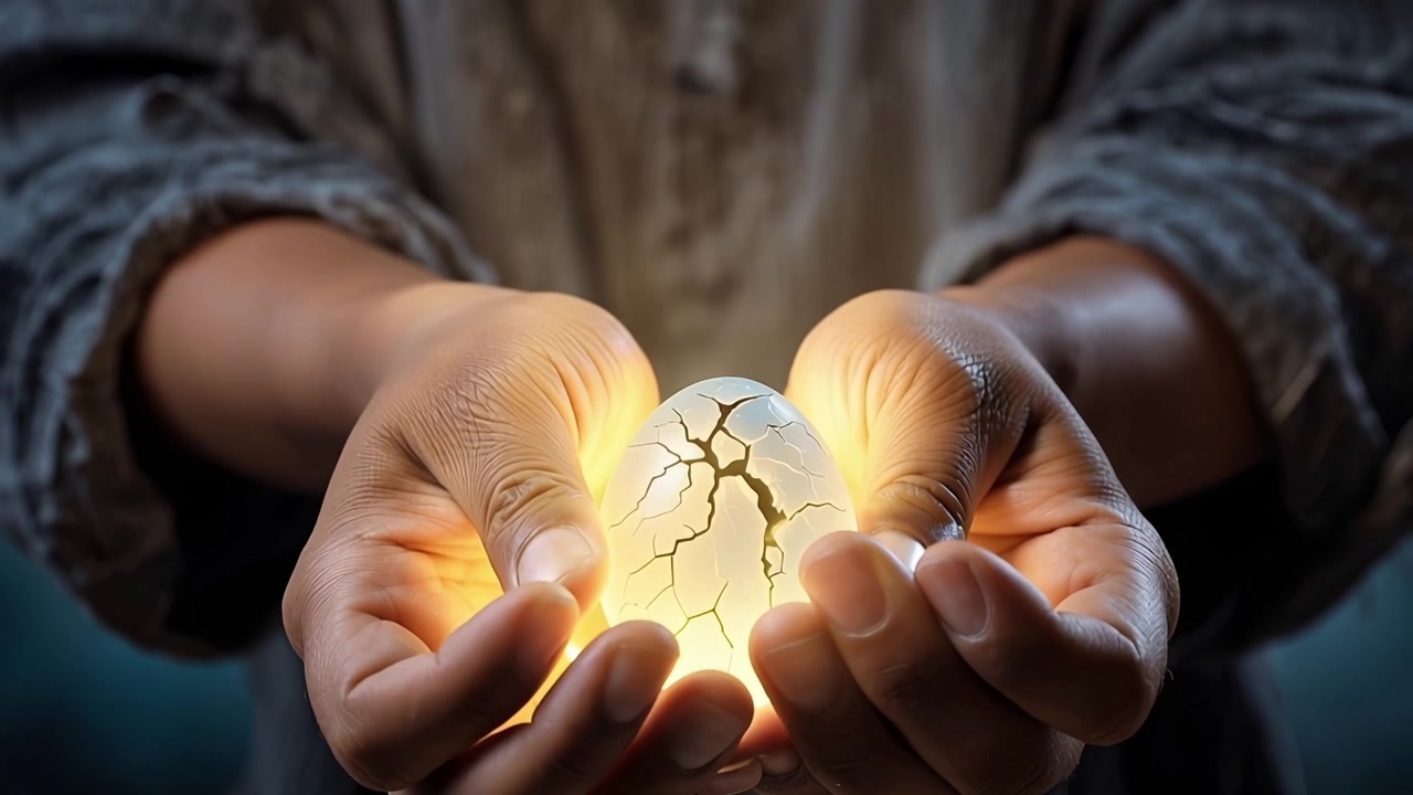Un uovo luminoso fragile si incrina tra le mani umane