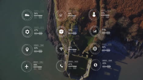 animation of network of icons and data processing over landscape