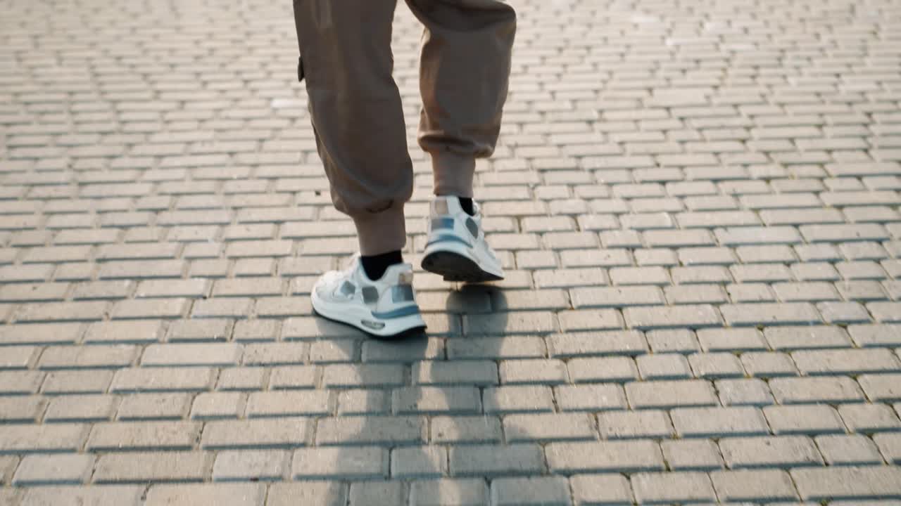 Uomo caucasico che cammina su un selciato di ciottoli indossando scarpe da ginnastica bianche, pantaloni casual marroni, ombra lunga dalla luce solare bassa, passo svelto e atmosfera urbana rilassata, primo piano sulle calzature e sulla trama del selciato.