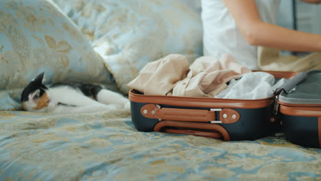 female hands put clothes in a travel bag pack things on vacation or travel