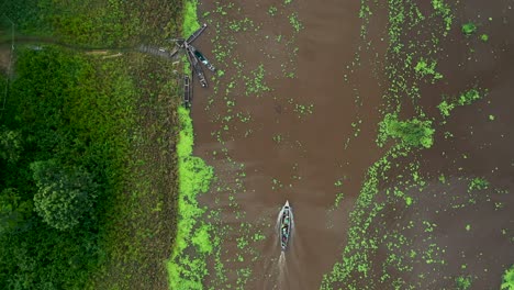 boat on amazon river in peru with beautiful jungle rainforest nature scenery