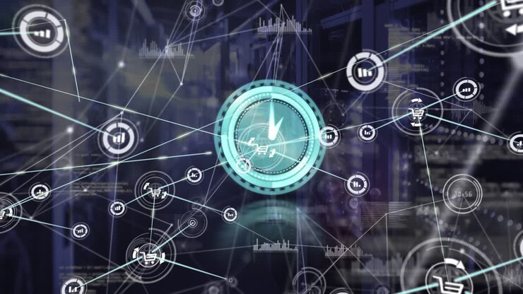 Animation of network of connection with icons and clock over server room