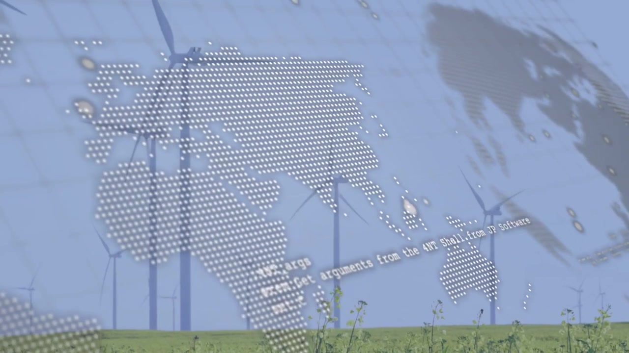 Testo del terminale che scorre su un parco eolico, con una mappa punteggiata che si muove in diagonale per rivelare le turbine all'orizzonte.