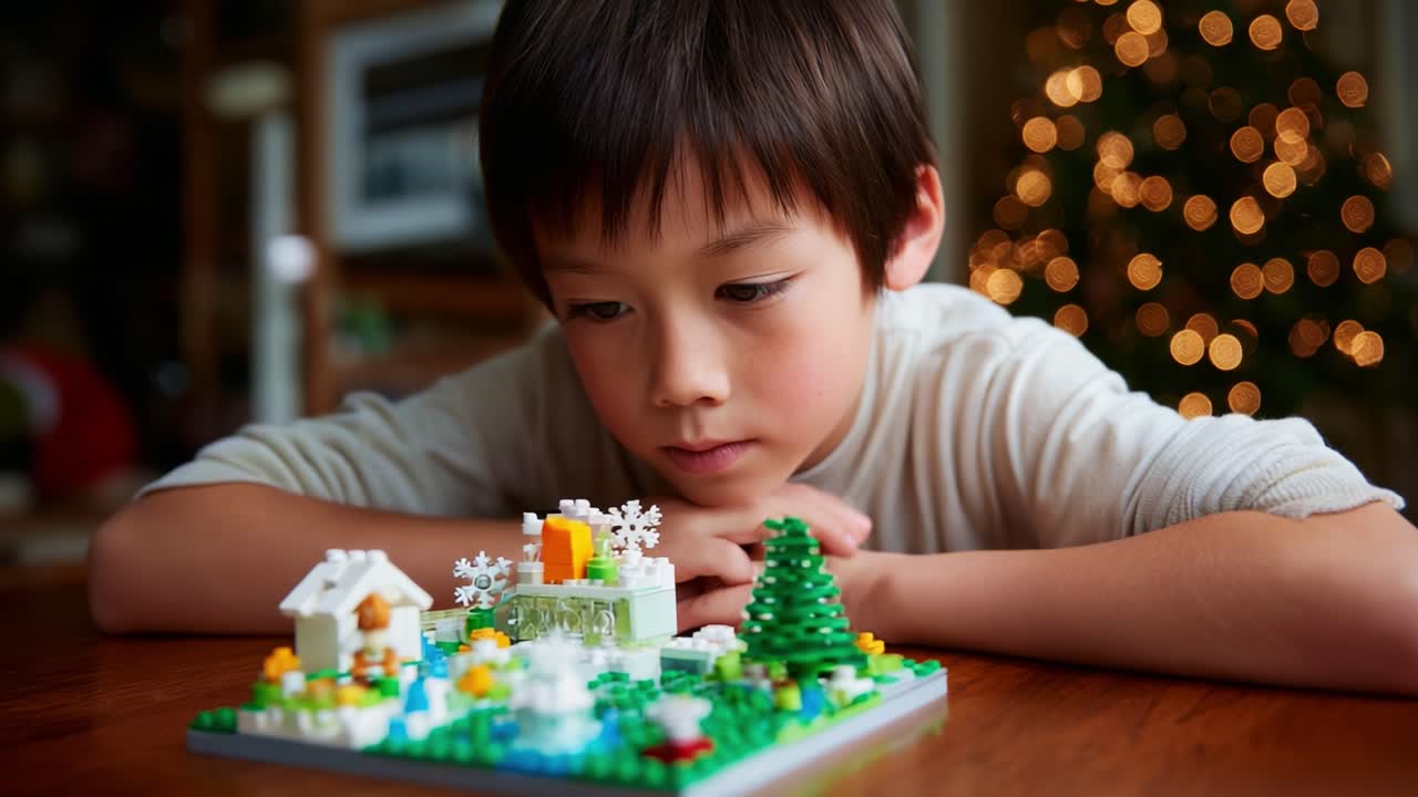A Young Boy's Creative Journey: Building a Winter Wonderland with LEGO, Featuring a Charming House, Snowy Landscape, and a Cozy Evergreen Tree Amidst a Festive Atmosphere
