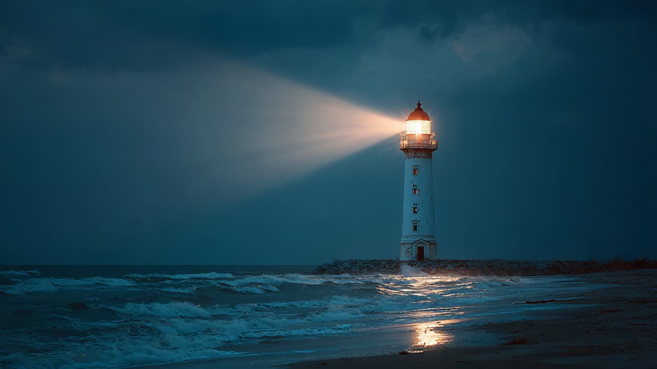 Un faro maestoso che illumina l'oceano scuro al crepuscolo, ergersi alto contro un cielo tempestoso e guidare le navi con il suo faro luminoso in un paesaggio marino incantevole
