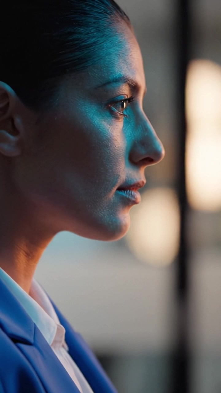 Profile of a Contemplative Woman in Blue Attire, Bathed in Soft Lighting, Capturing an Introspective Moment and the Complexity of Human Emotion in a Modern Setting