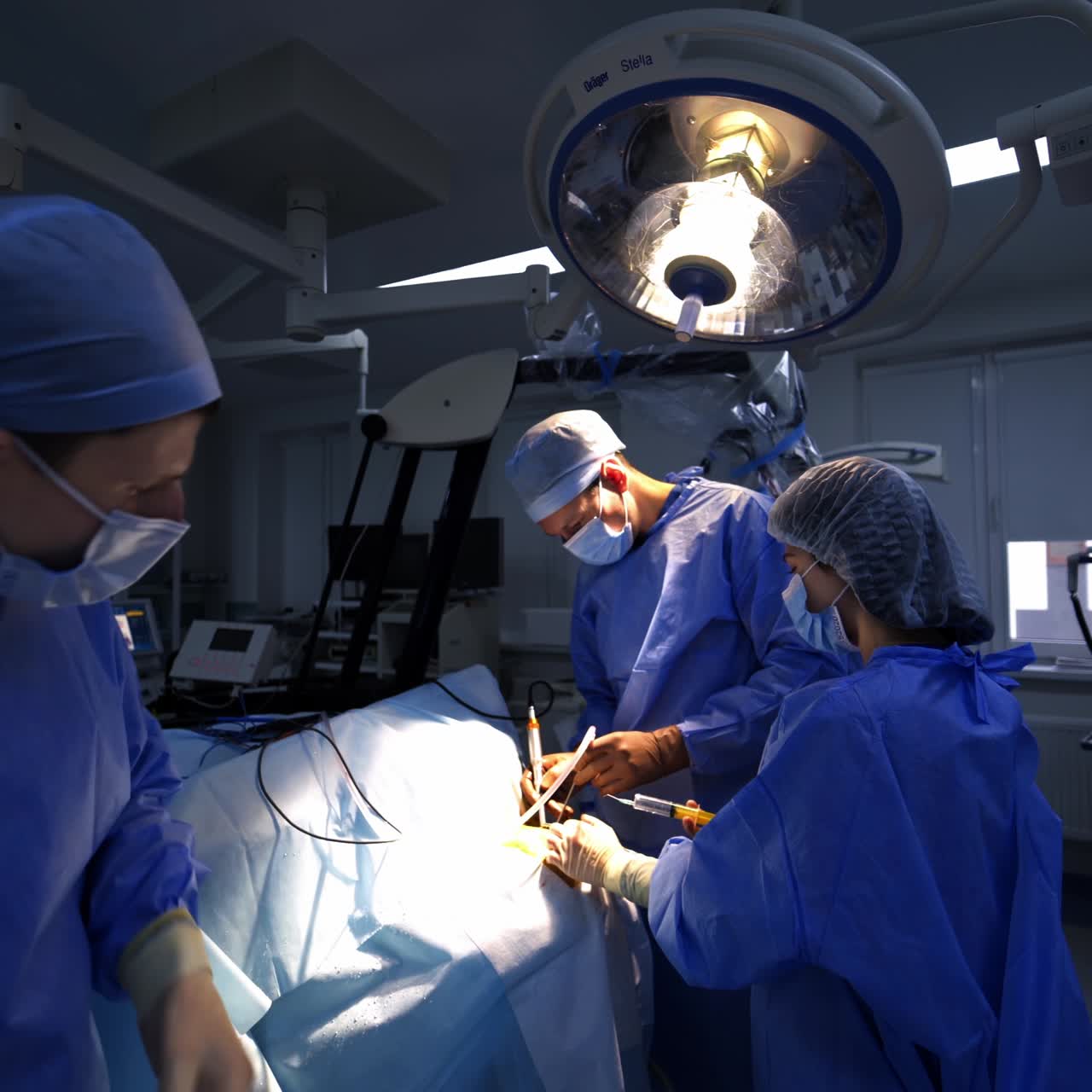 Medical team cooperating in operation room. Surgeons holding medical instruments and applying them to the patient. Surgery equipping at the backdrop