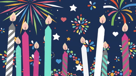 animation of gold christmas candles and new year fireworks on dark blue background