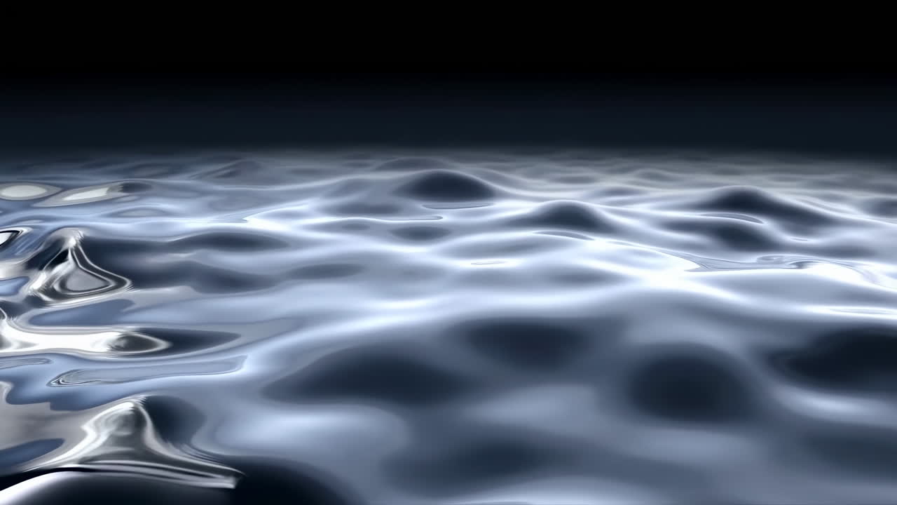 Oceano metallico scintillante sotto il cielo notturno, rilievo cinematografico con drone su onde cromate, increspature lente e lucide.