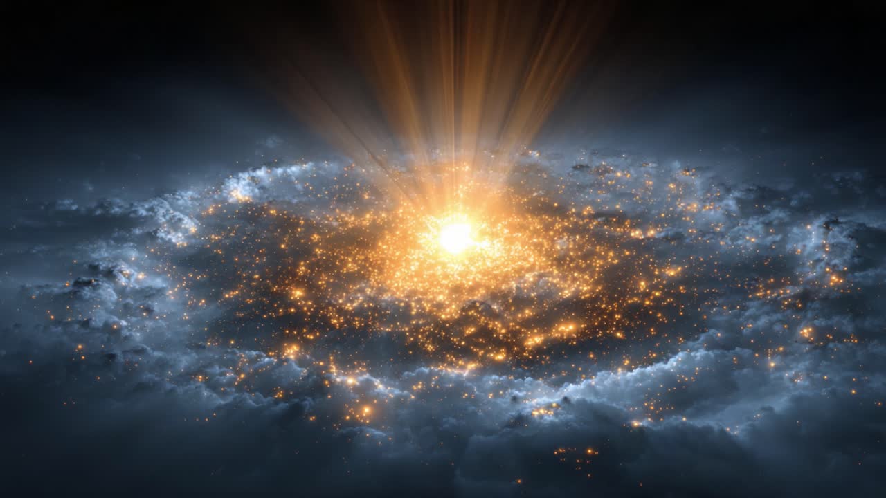 A Captivating Cosmic Explosion: A Stunning Display of Light and Energy Radiating from the Heart of a Celestial Phenomenon Against a Dark Background