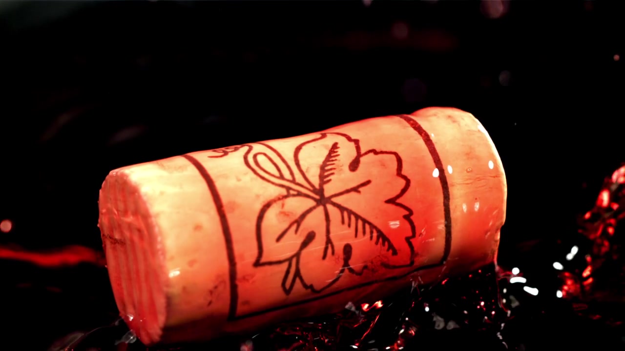 Rallentatore di un tappo di sughero che cade nel vino rosso