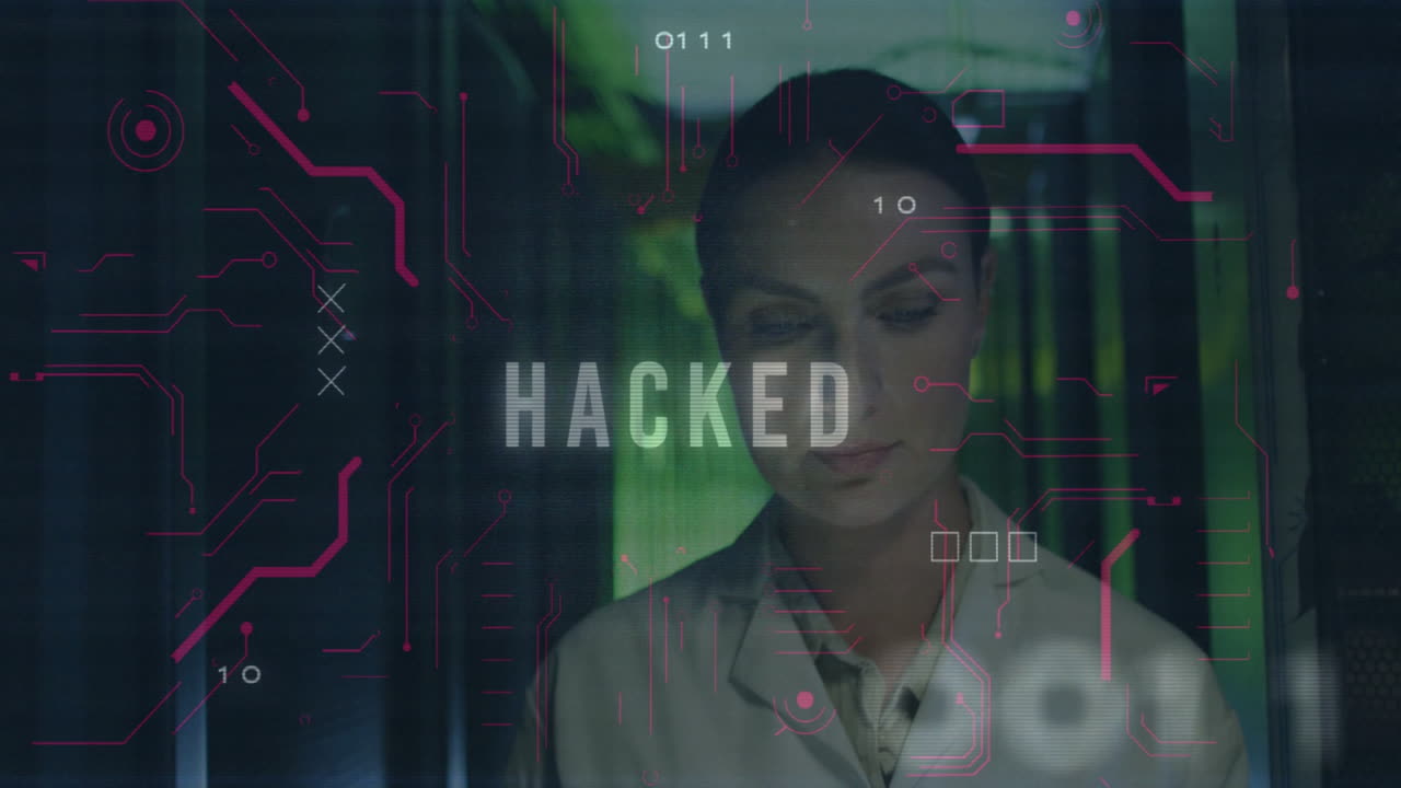 In school lab, scientist working with animation of hacked text and digital code