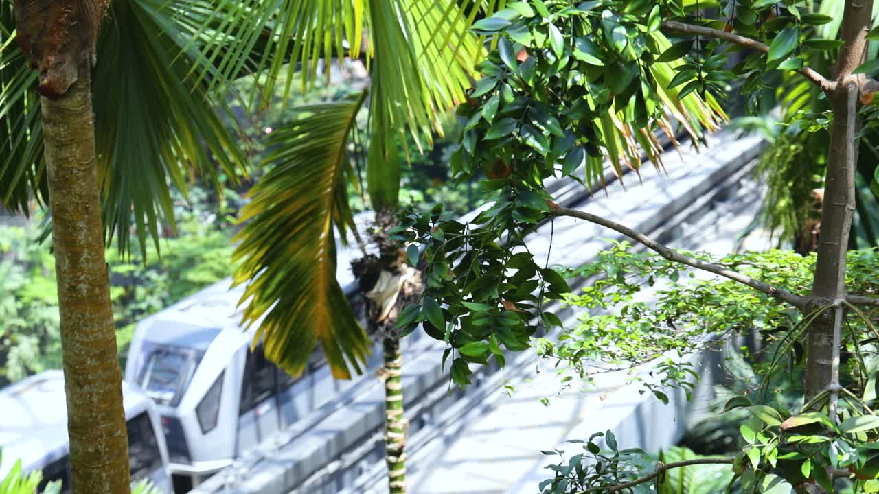 A modern automated train glides past lush tropical plants under bright natural light, viewed through dense greenery in a spacious indoor environment