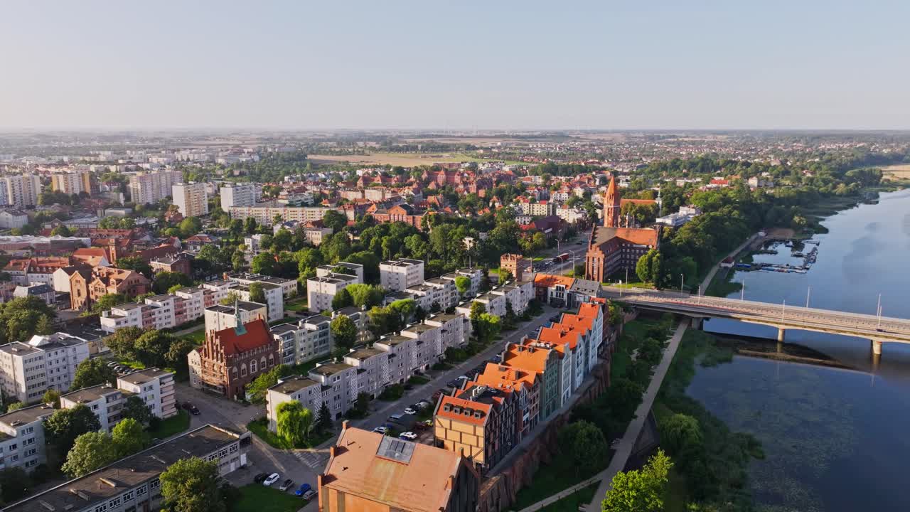 Aerial cityscape of Malbork, gothic town hall water tower and church Poland