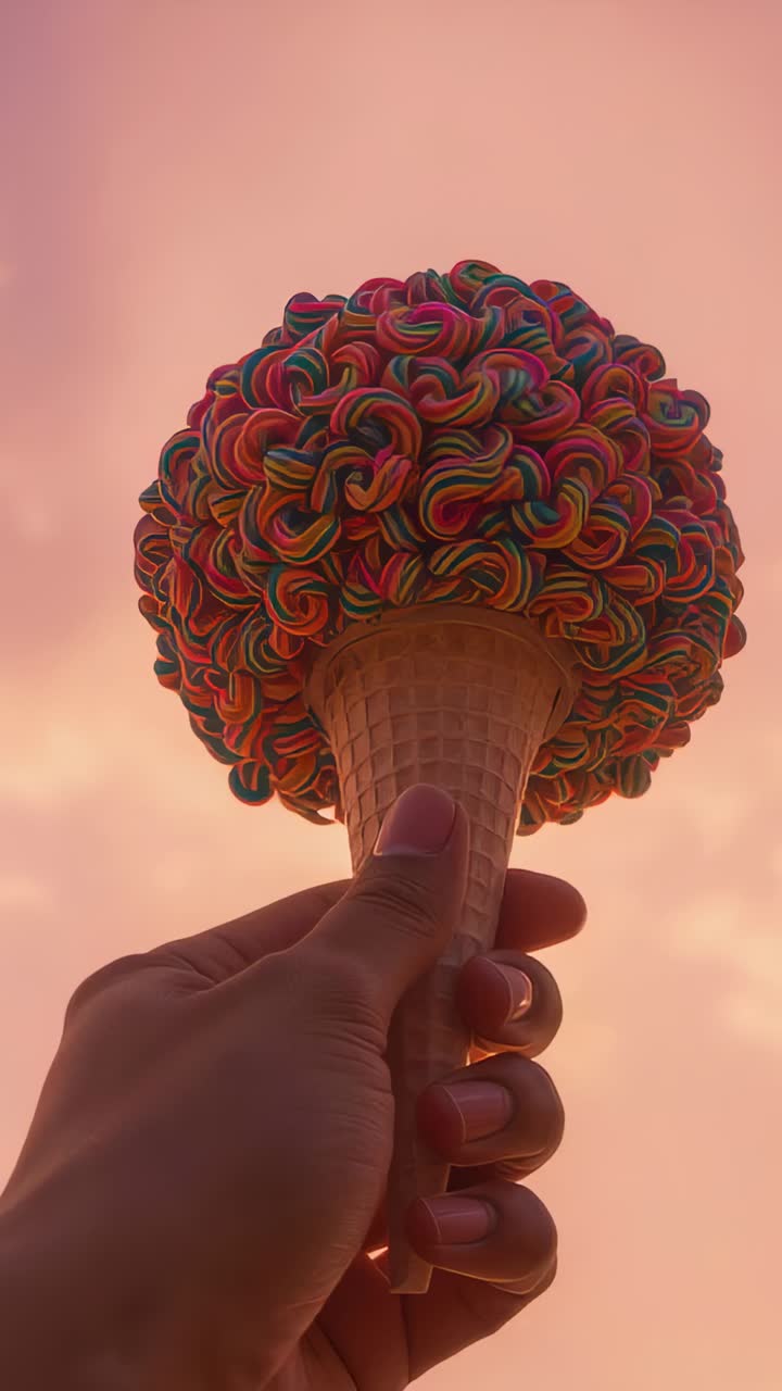 Vertical video: Lifting left hand centering waffle cone at sunset for framing, with colorful scoop