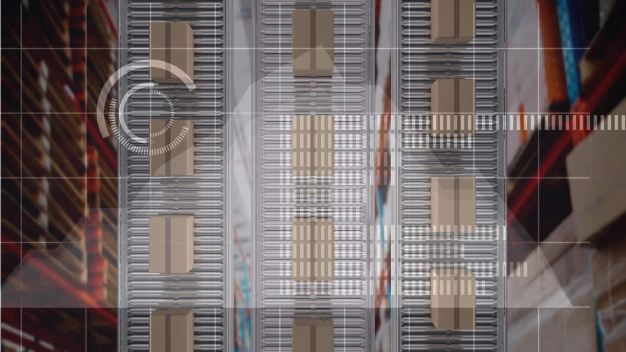 Animation of statistics processing over conveyor belts with boxes