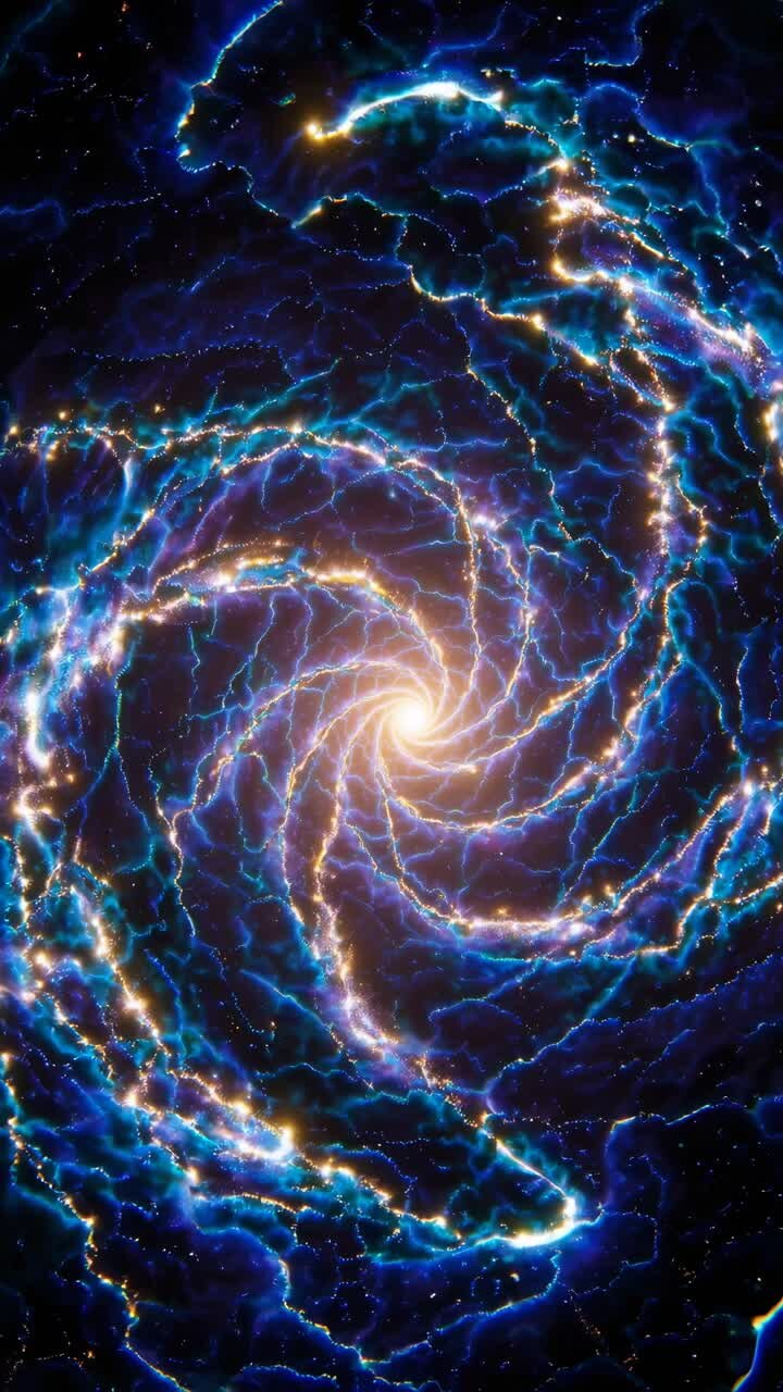 Una spirale ipnotica di luci blu elettrico e oro, catturata da un angolo dall'alto