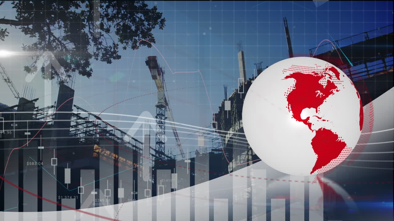 animación de datos financieros y gráficos sobre el mundo y el sitio de construcción