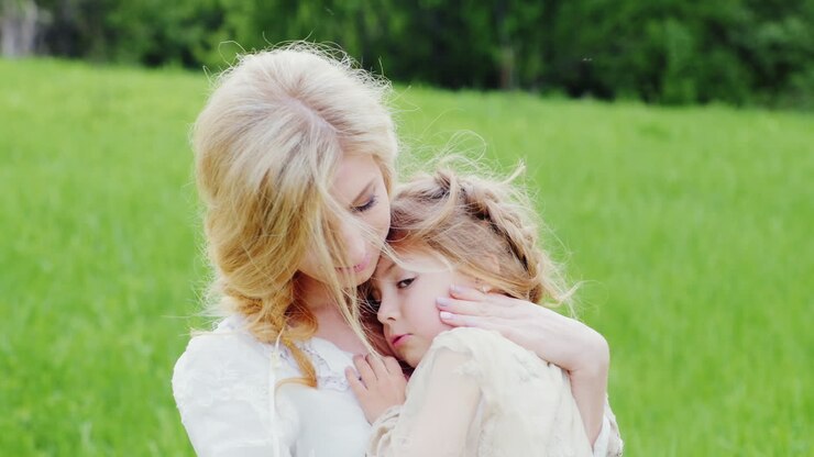 Junge blonde Mutter umarmt ihre kleine Tochter auf einem grünen Rasen.
