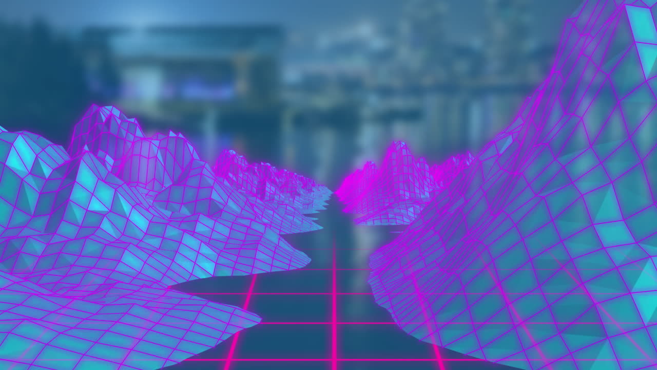 Animation of glowing pink and blue wireframe mountains in futuristic neon landscape