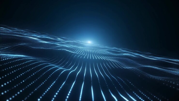 Onda digitale astratta di particelle blu luminose