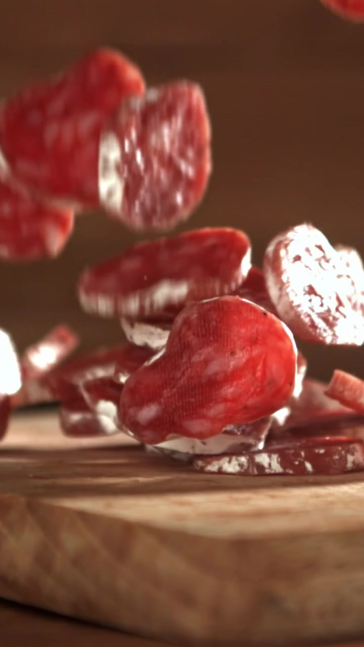 Fette di Salame che Cadono al Rallentatore su un Tagliere di Legno