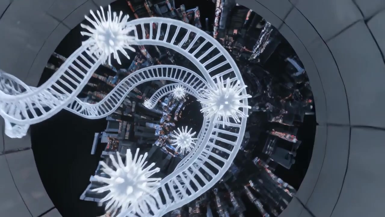 Câmera descendo, causando uma espiral translúcida girando com nós pontiagudos em um eixo, revelando o horizonte.