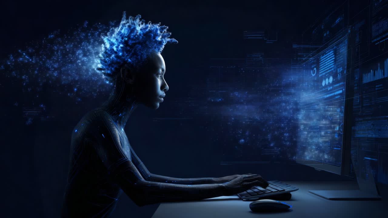 A digital transformation scene showcases a person immersed in technology, with vibrant blue hair and a dynamic interface, symbolizing the fusion of human intellect and innovation