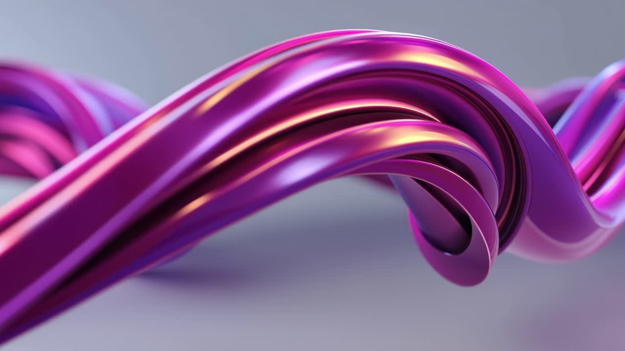 Curve morbide brillano con vivide tonalità viola. La luce danza su superfici fluide, simili a nastri. Forme eleganti e ondulate pulsano con eleganza moderna. Ideale per progetti tecnologici, di design o di motion graphics.
