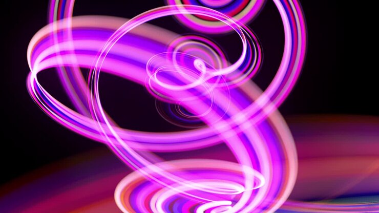 Motion graphics, sfondo di fantascienza. Flusso di linee neon multicolori forma una spirale, riccioli e motivi. Sfondo astratto con scie luminose, sfondo moderno e di tendenza per motion design. Sfondo con flusso di luce in 4k