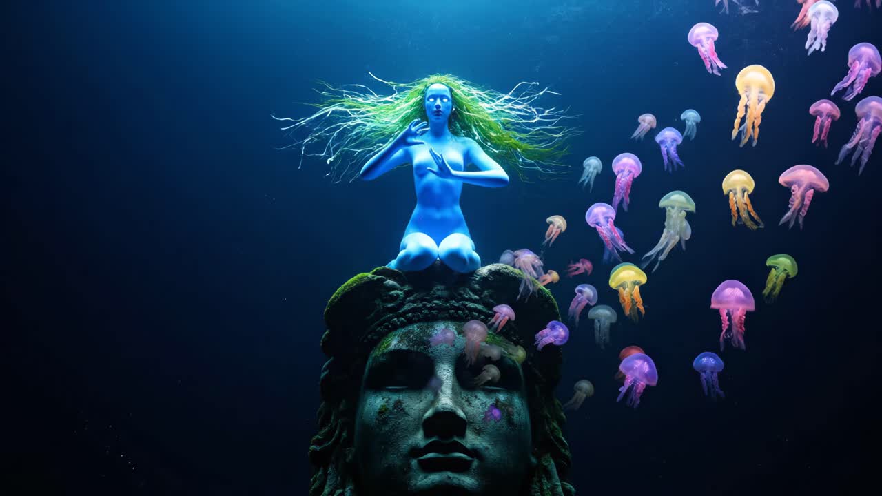 Sirena subacquea con meduse