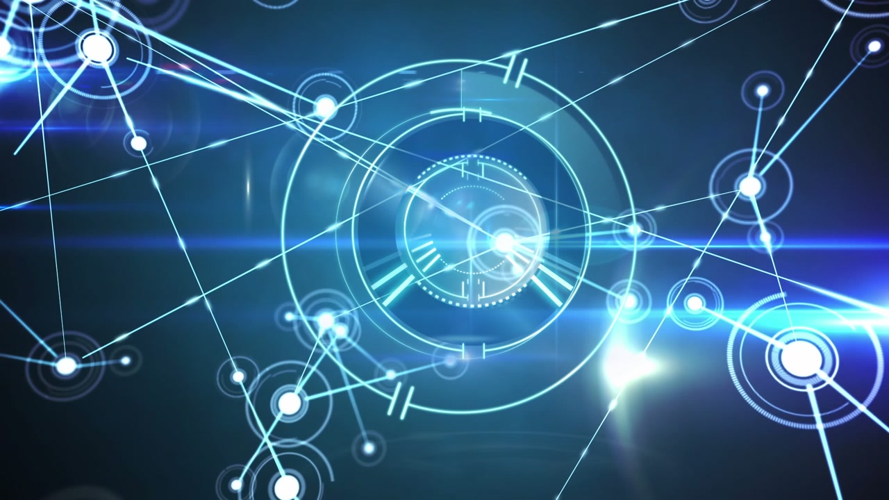 Animation of round scanner and network of connections against light spots on blue background