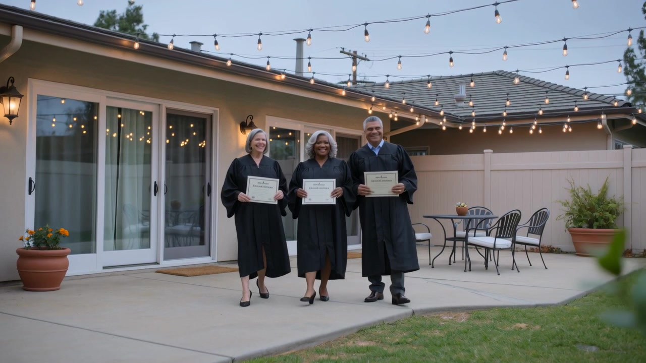 Tre laureati in toga nera salgono sul patio, camminano verso la telecamera e posano con i diplomi.