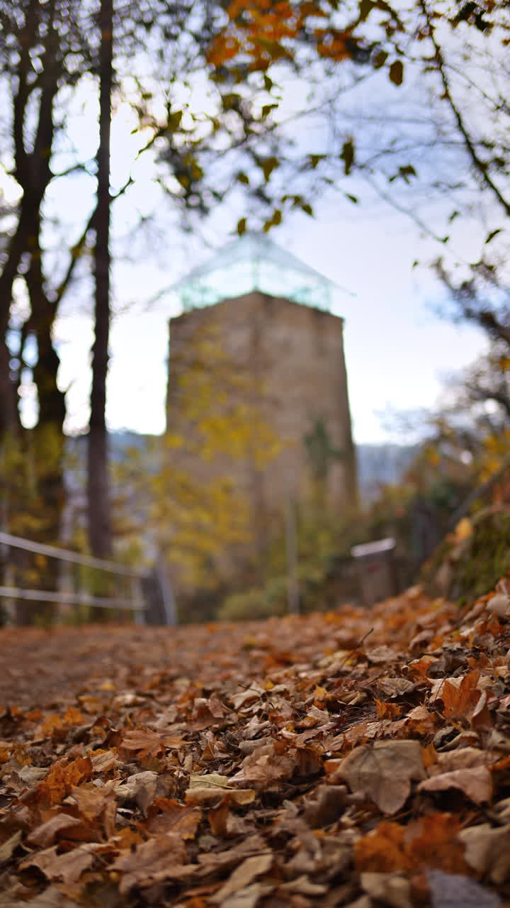 Distant view of the Black Tower fort on a large rock on Warthe Hill in Brasov, Romania