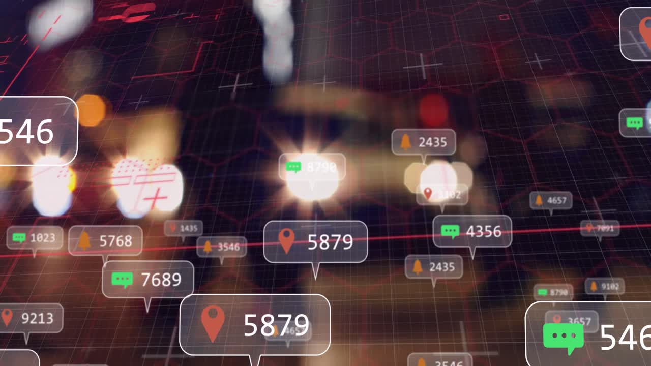 animación de iconos de medios y formas sobre la ciudad por la noche