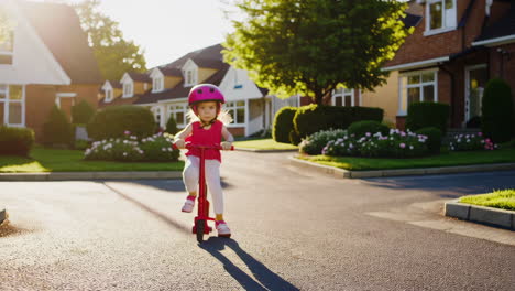 a young child wearing a pink helmet on a street