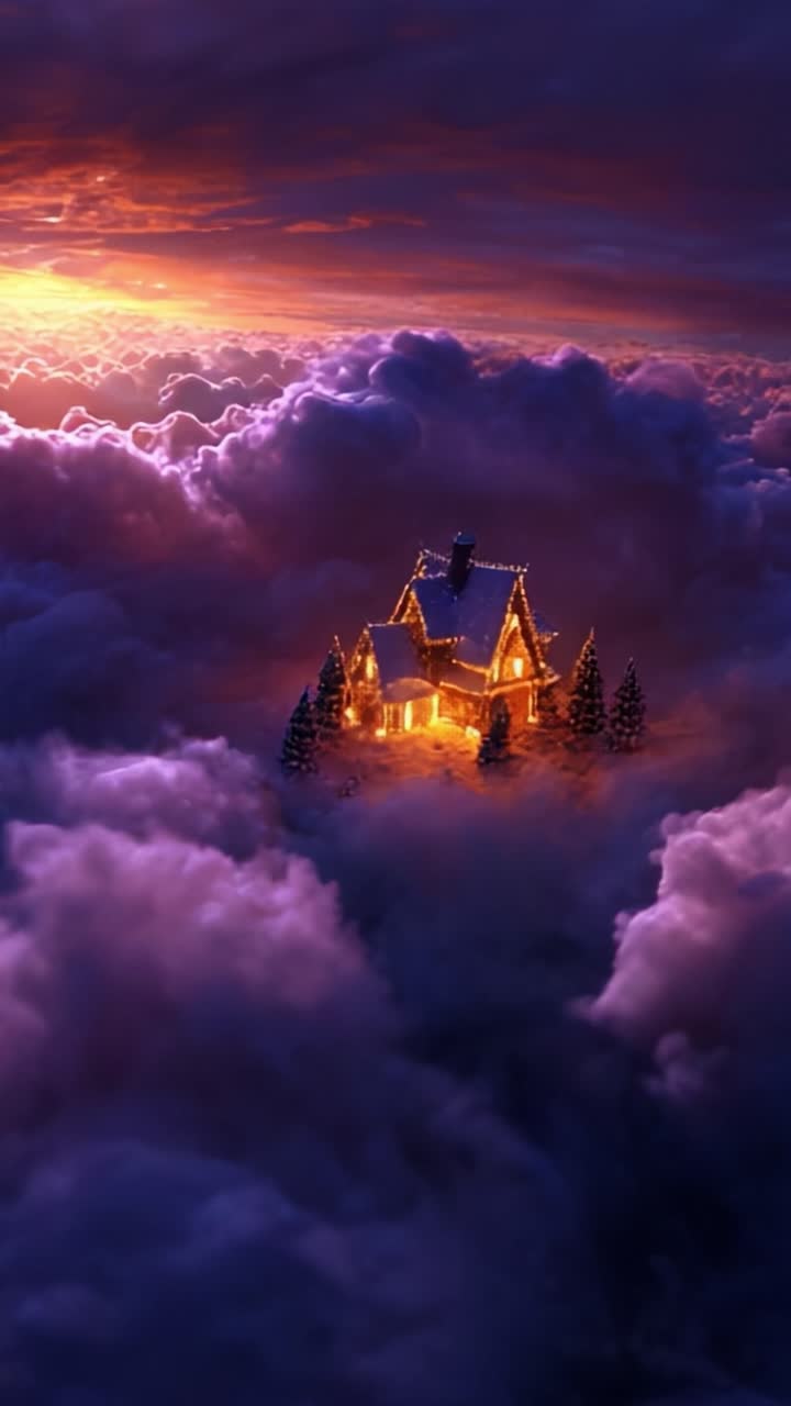 A Cozy Winter Retreat: A Beautifully Illuminated House Nestled Among Soft, Fluffy Clouds at Dusk with a Stunning Sunset, Creating a Magical and Serene Atmosphere of Peace and Warmth in Nature