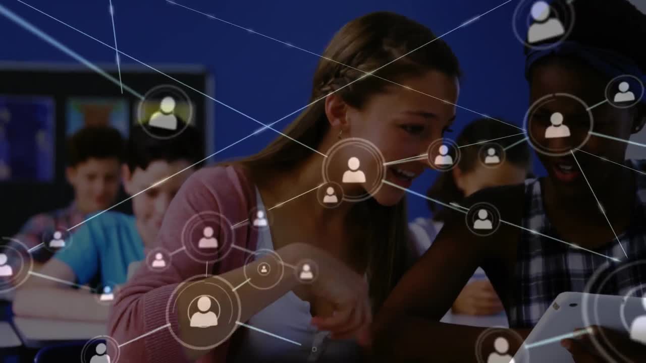 Animation of network of connections with icons over schoolchildren