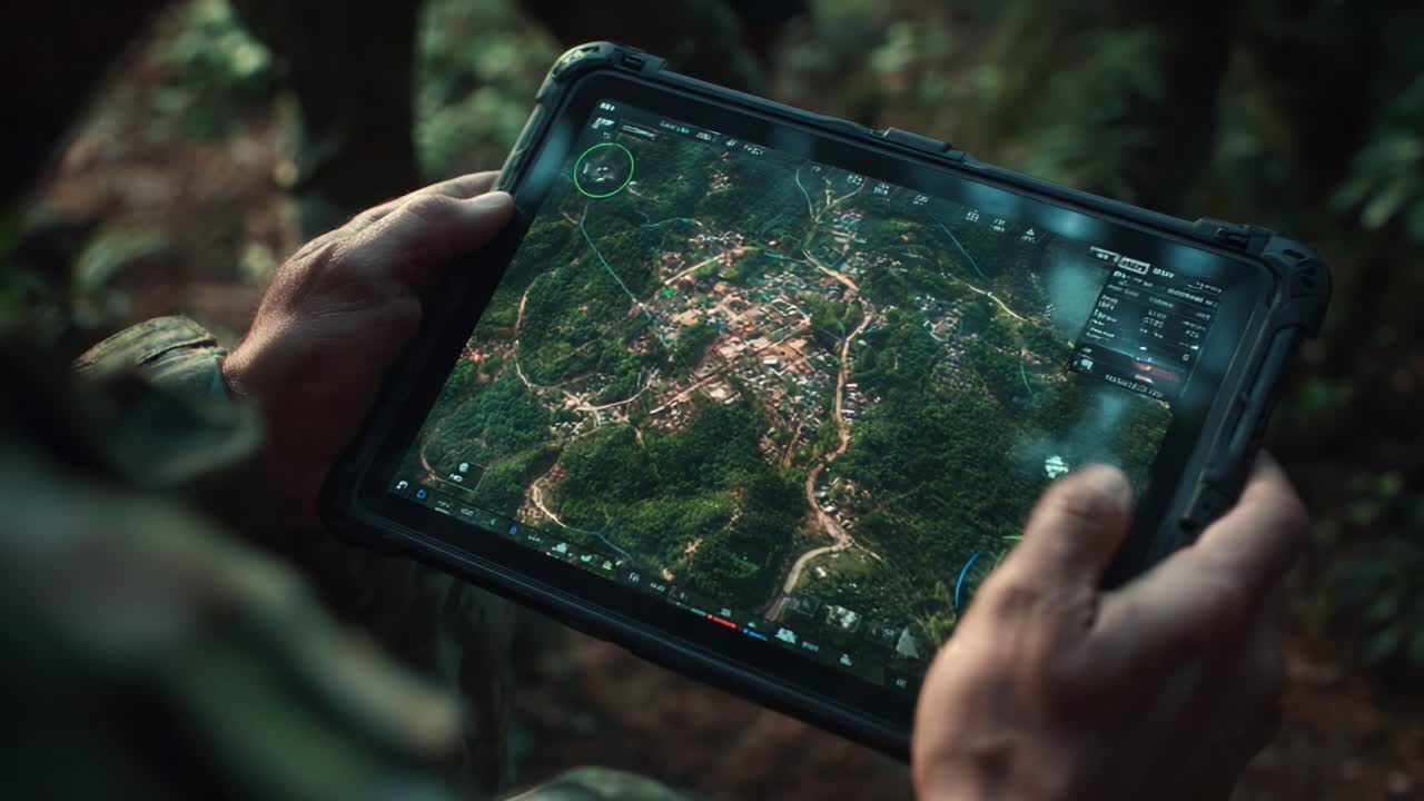 Advanced Tactical Operations: Soldier Analyzing High-Resolution Terrain Data on a Portable Device in a Dense Forest Environment for Strategic Planning