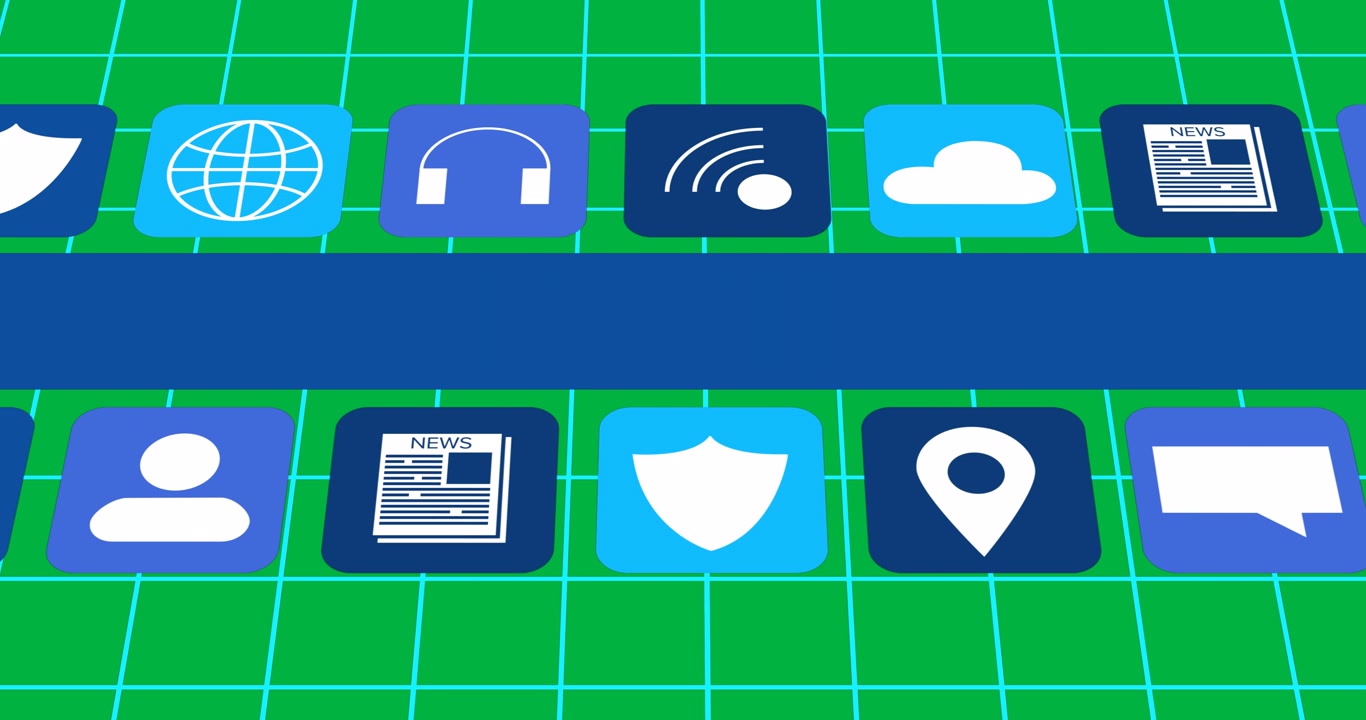 Animation of digital online icons moving over grid on transparent background
