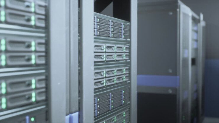 Nærbillede af serverracks i et datacenter