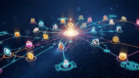 an intricate web of connections: exploring a digital network of icons and symbols illuminated by a central point of light