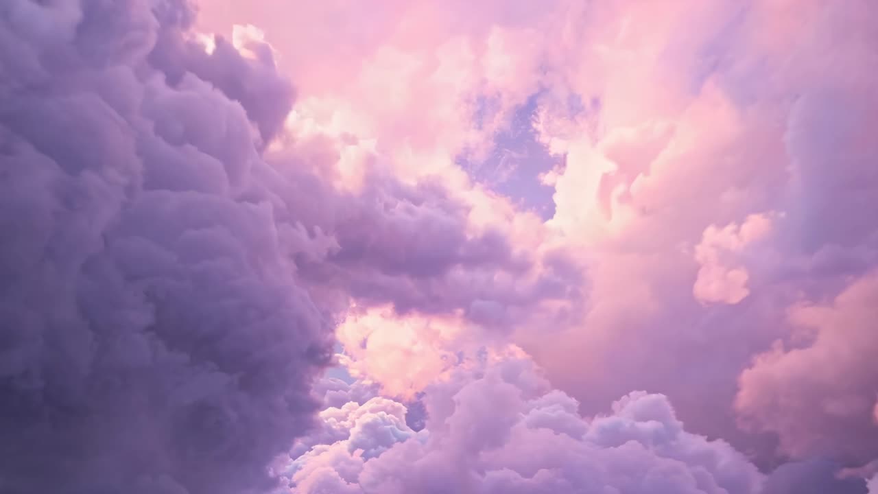 A mesmerizing video of a sky filled with soft, pastel-colored clouds, captured from a low-angle