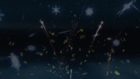 Animation-of-snow-flakes,-fireworks-exploding-and-confetti-falling