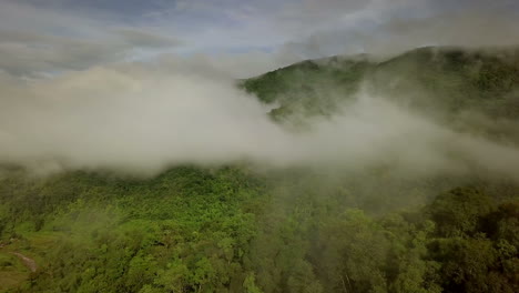 vista aérea volando sobre la exuberante montaña verde de la selva tropical con nubes de lluvia durante la temporada de lluvias en el parque nacional reservado de la montaña doi phuka en el norte de tailandia
