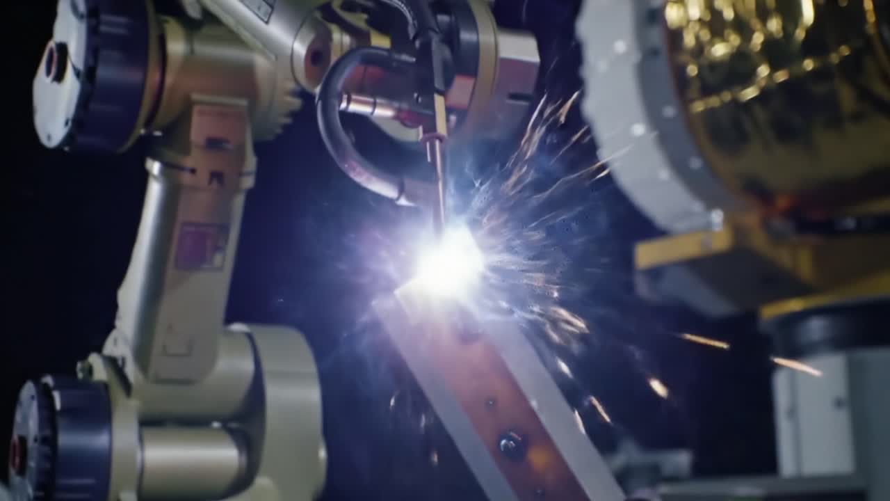 Processo di saldatura robotizzata avanzato mostrato con alta precisione e scintille, che mette in evidenza l'automazione nella produzione moderna