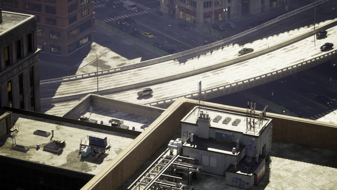 Urban landscape reveals bustling highway and city life in sunlight
