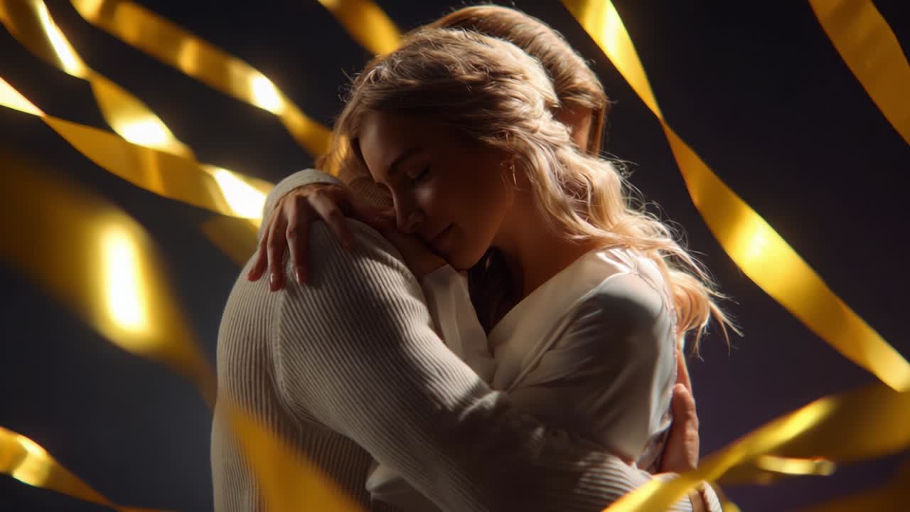 Intimità sotto nastri dorati: un momento emozionante di amore e connessione tra due persone, valorizzato dal gioco di luci e texture che le circonda