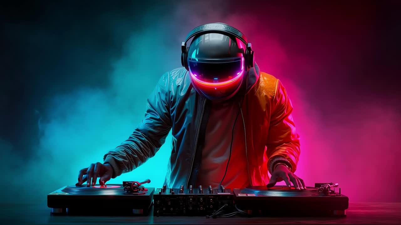A man in a space suit and headphones playing a dj set